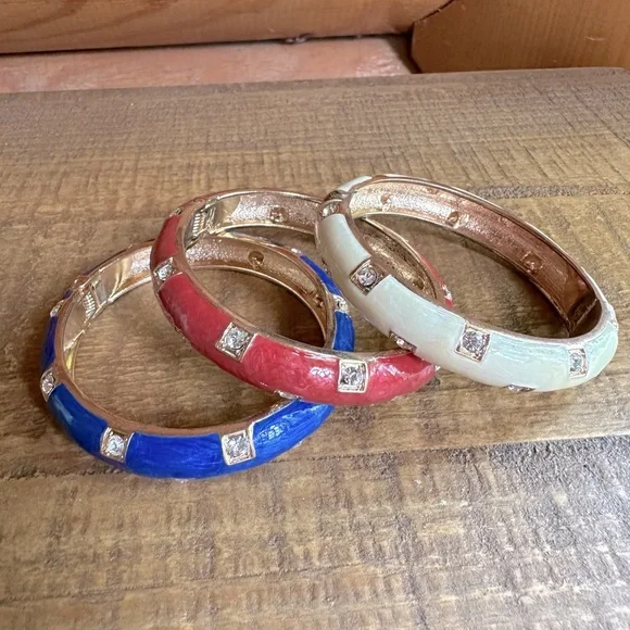 Set of 3 Red, White & Blue Enameled Bangles Hinged Patriotic Clamper Bracelet - Picture 1 of 15